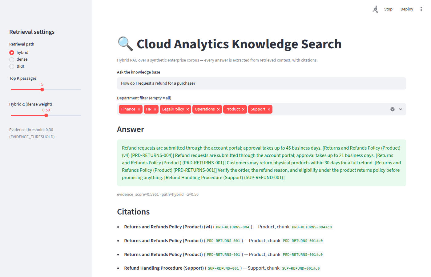 Streamlit UI showing a hybrid retrieval answer with document citations